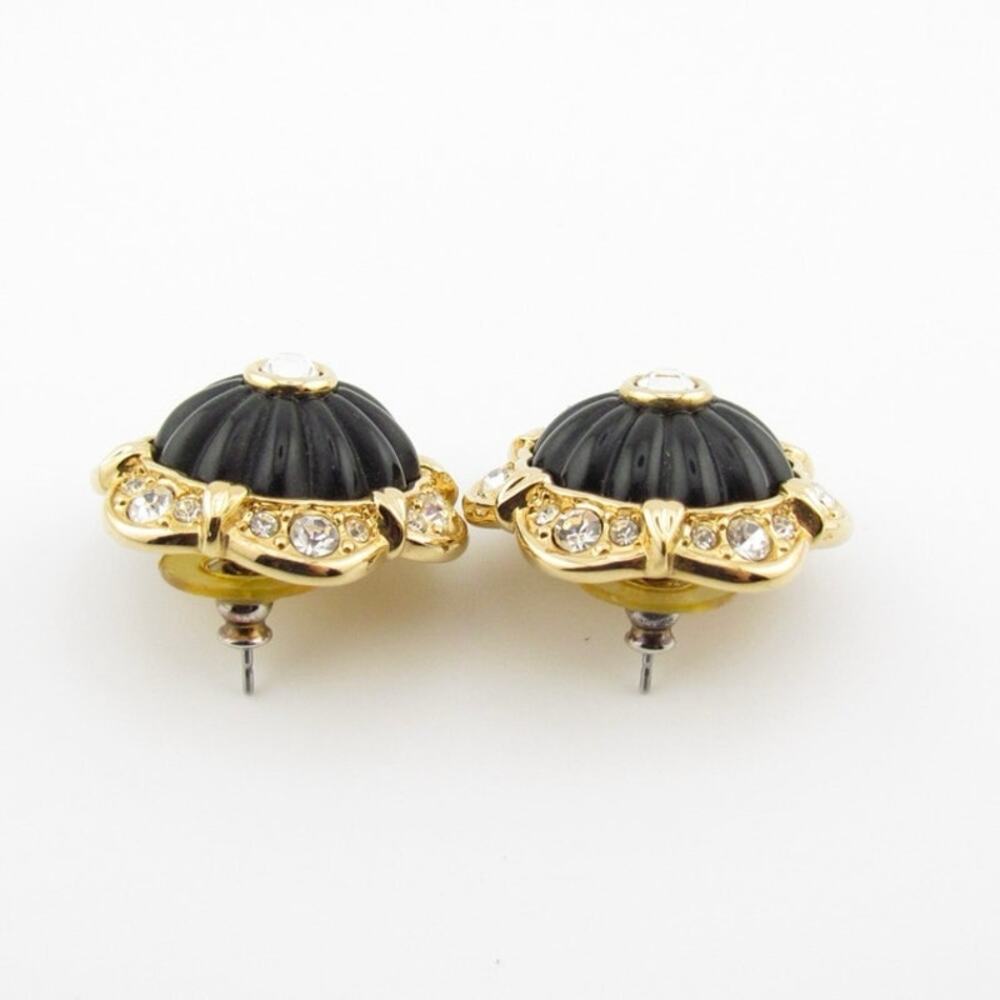 Vintage Joan Rivers Floral Earrings Gold Tone Black Enamel - Picture 7 of 8